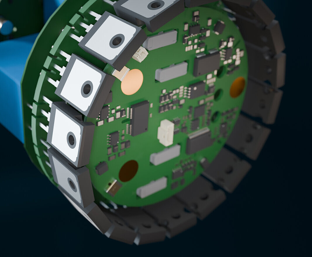 Close-up of a Silver Atena electric FAN inverter with SiC power electronics for eVTOL.