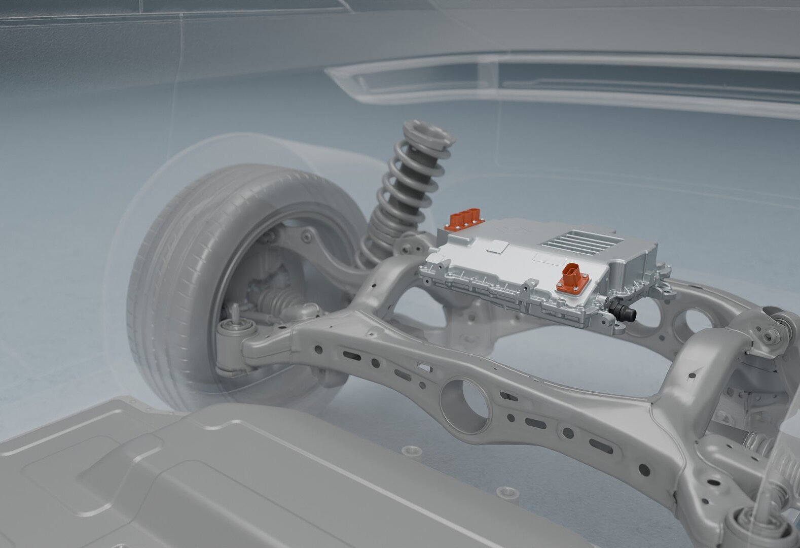 High-voltage traction inverter mounted on the axle inside a transparent vehicle.