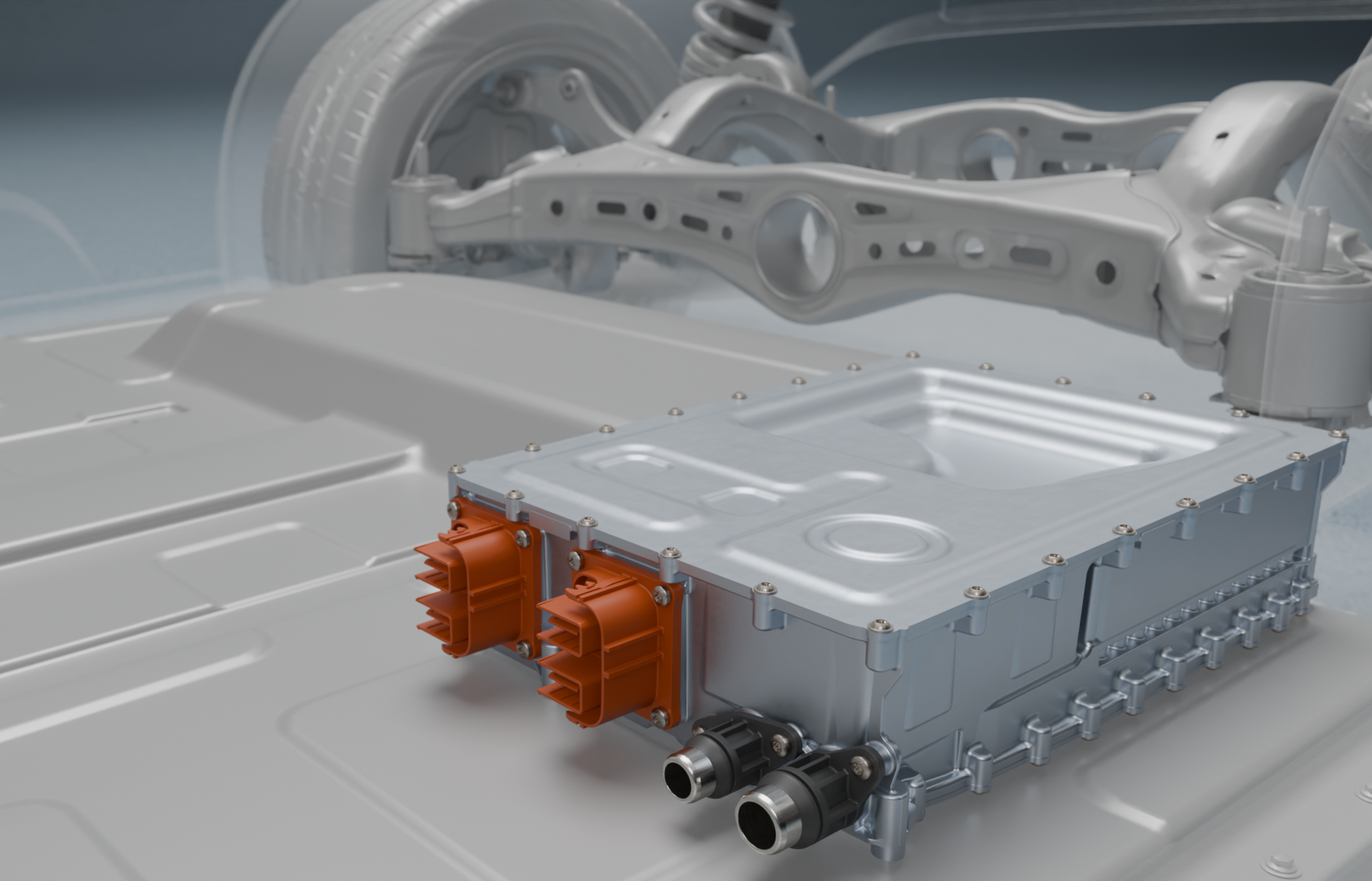 High-voltage DC-DC converter integrated in the vehicle floor near the battery unit.