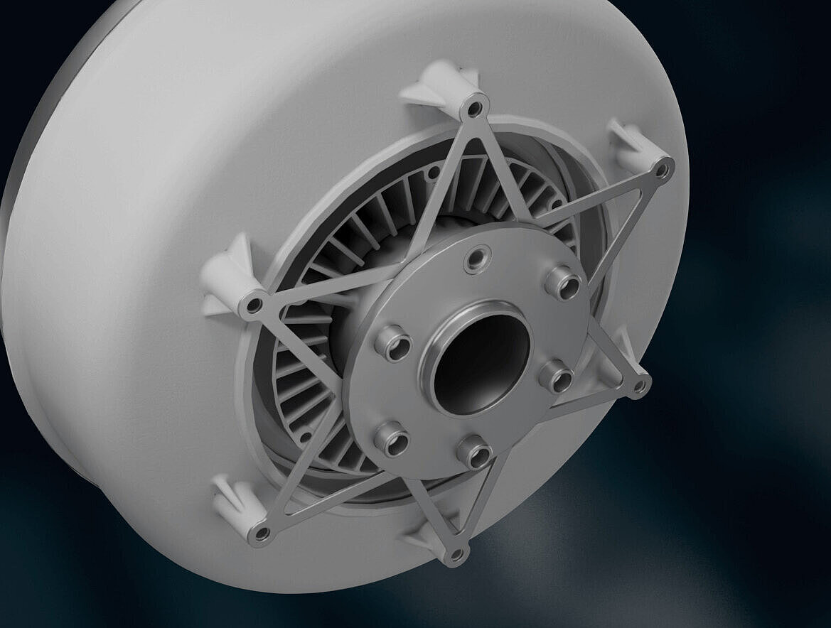 Close-up of a Silver Atena electric propeller drive for aviation with integrated motor structure.