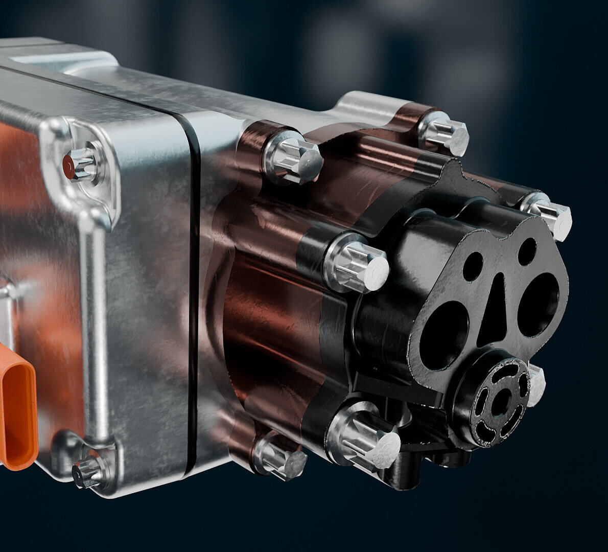 Close-up of a Silver Atena motor-pump unit for active suspension systems.