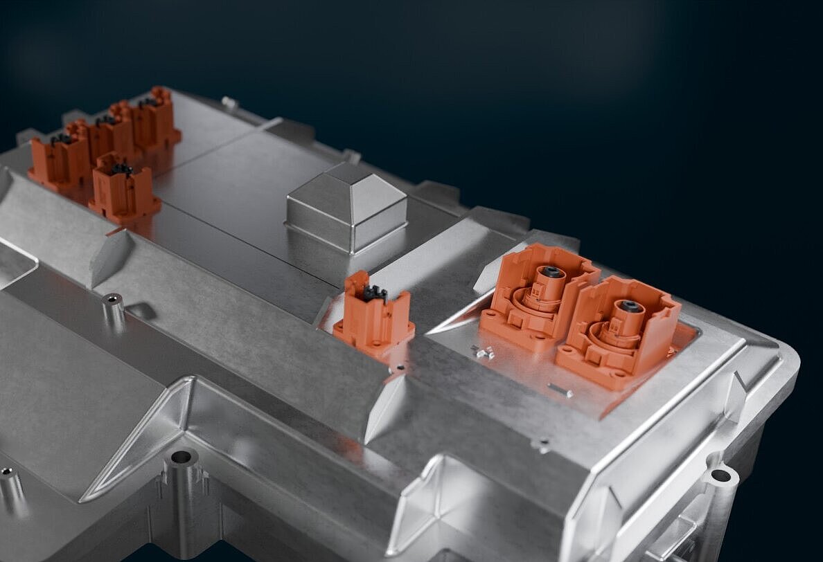 Close-up of the high-voltage DC/DC converter from Silver Atena for fuel cell vehicles.