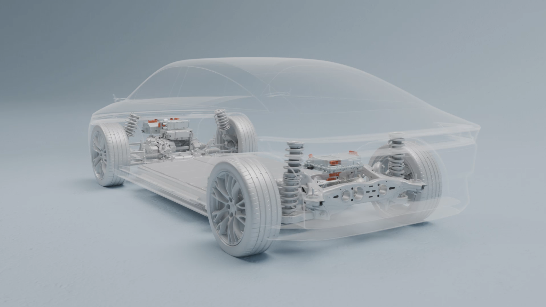 Transparent vehicle showing high-voltage traction inverters at front and rear axle.