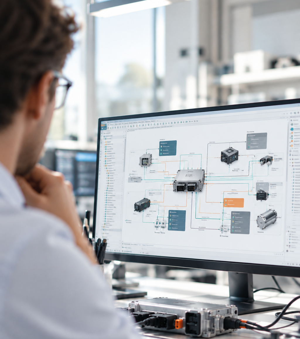 Silver Atena engineer analyzing the interconnection of electronic control units, sensors, and actuators using a system architecture diagram.