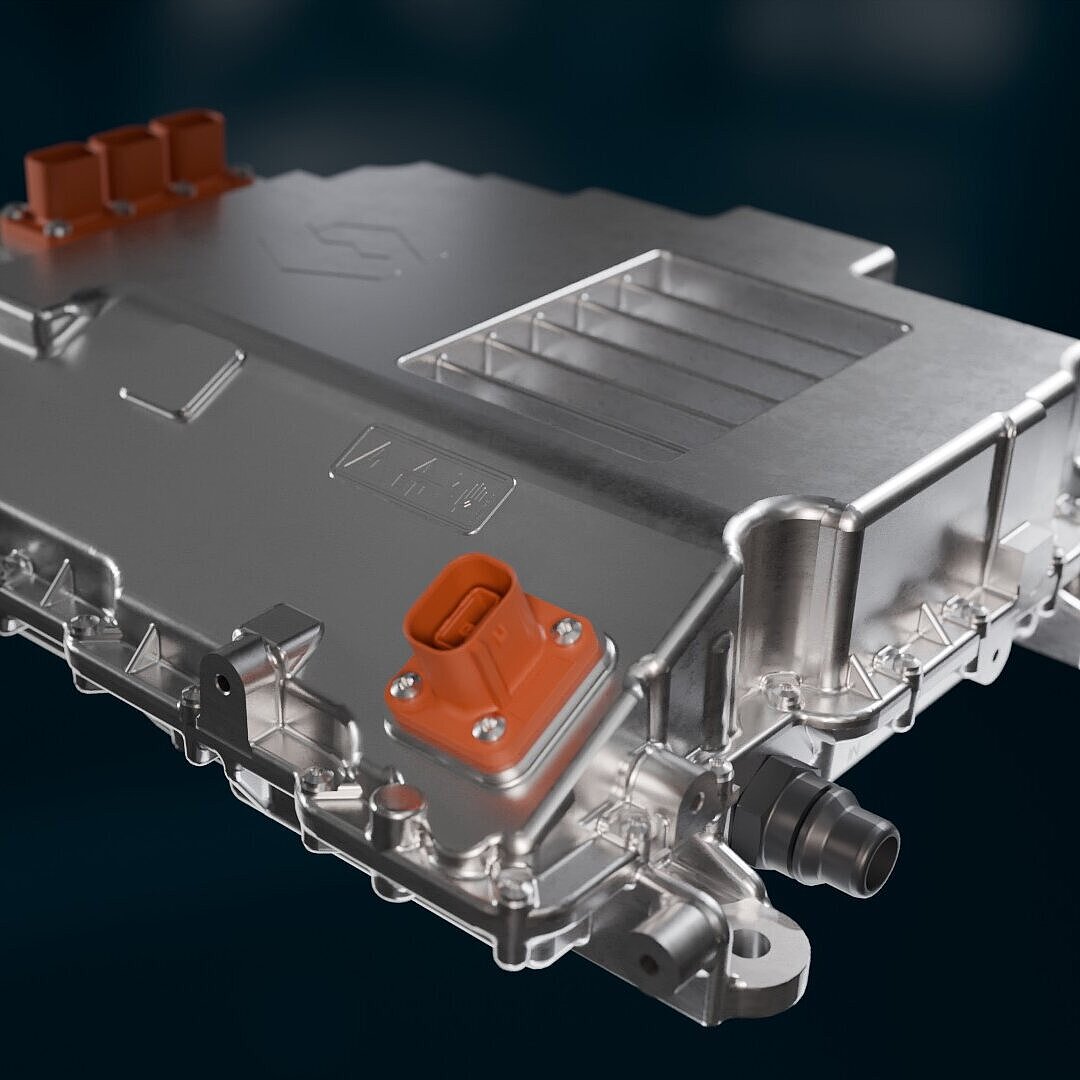 Close-up of the high-voltage traction inverter from Silver Atena for electric drivetrains.