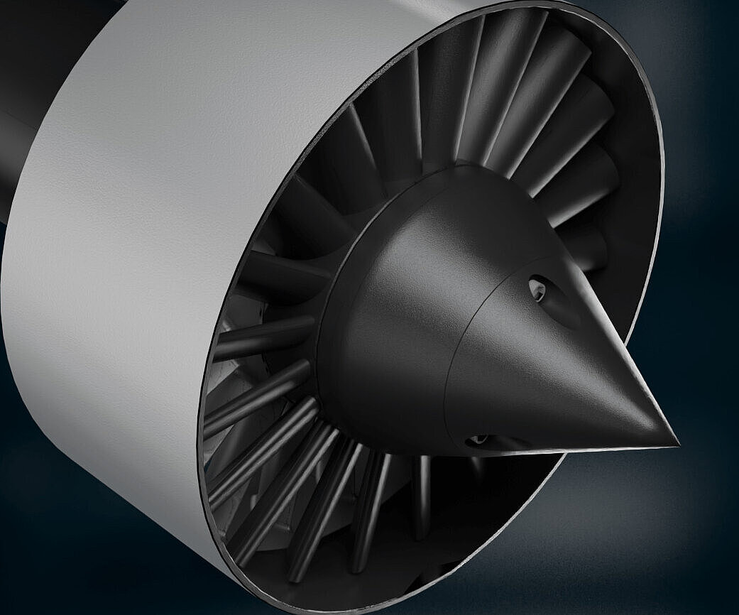 Close-up of a Silver Atena electric aircraft propulsion unit (Electric Fan) with high-performance fan for eVTOL and aviation.