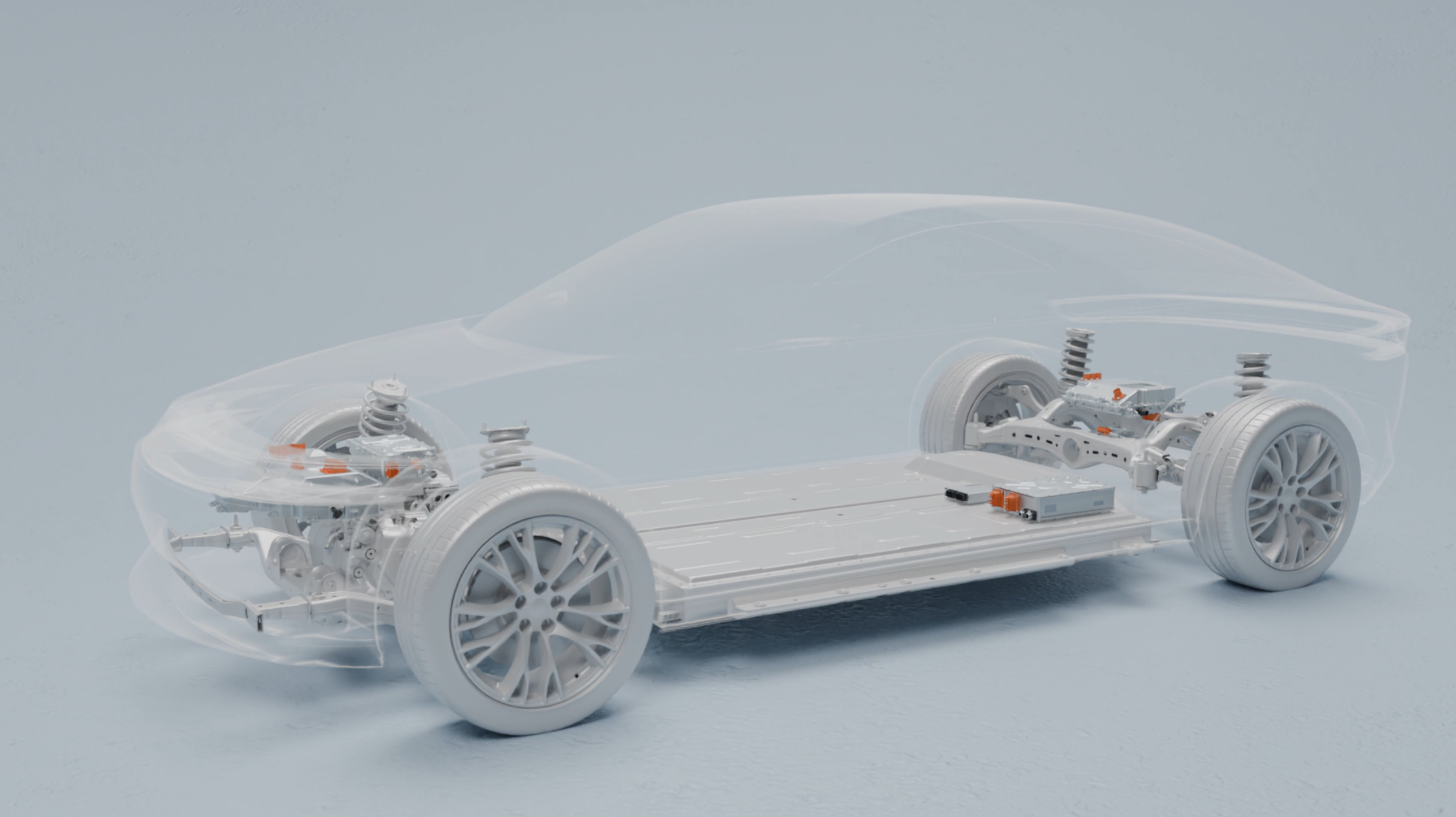 Transparent vehicle showing electric drivetrain and battery in the floor.