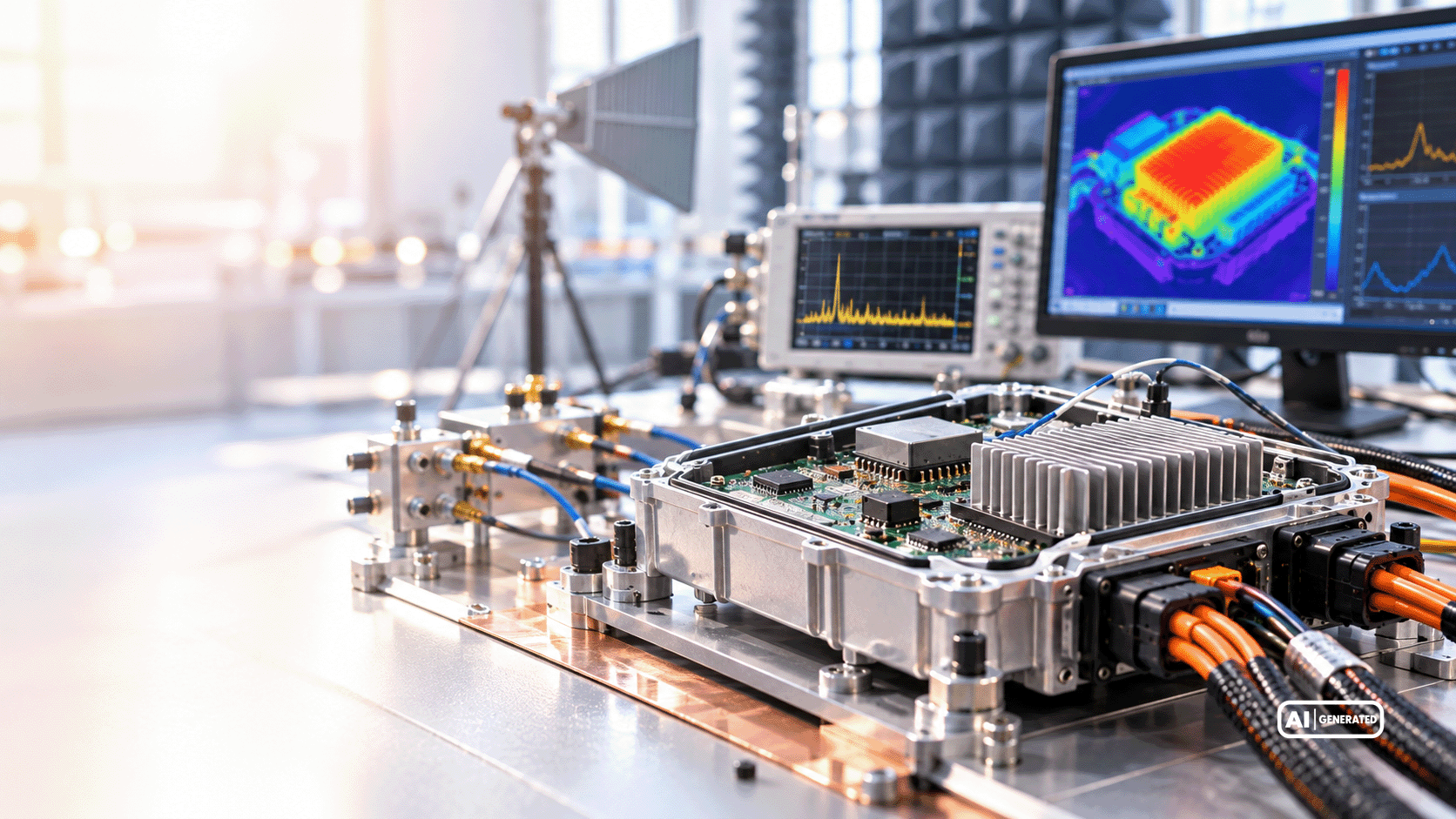 Open electronic control unit with a printed circuit board (PCB) and heat sink at an EMC test bench, equipped with an antenna and measurement instruments for signal analysis.