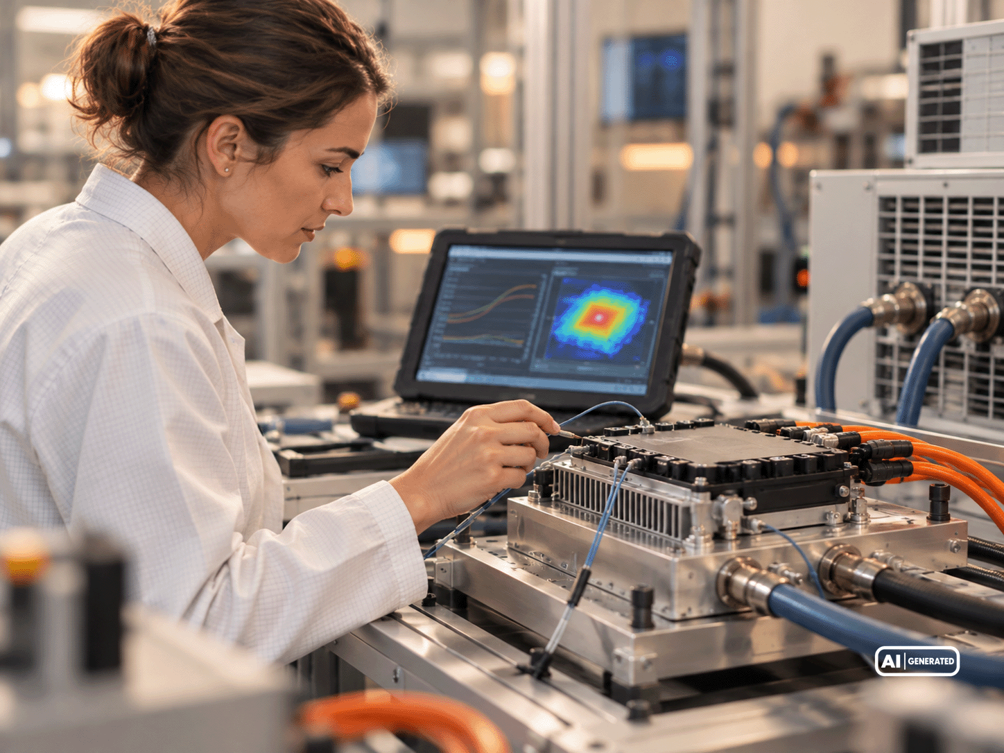 Female engineer testing an electronic control unit with measurement probes at a laboratory test bench to analyze its thermal behavior.