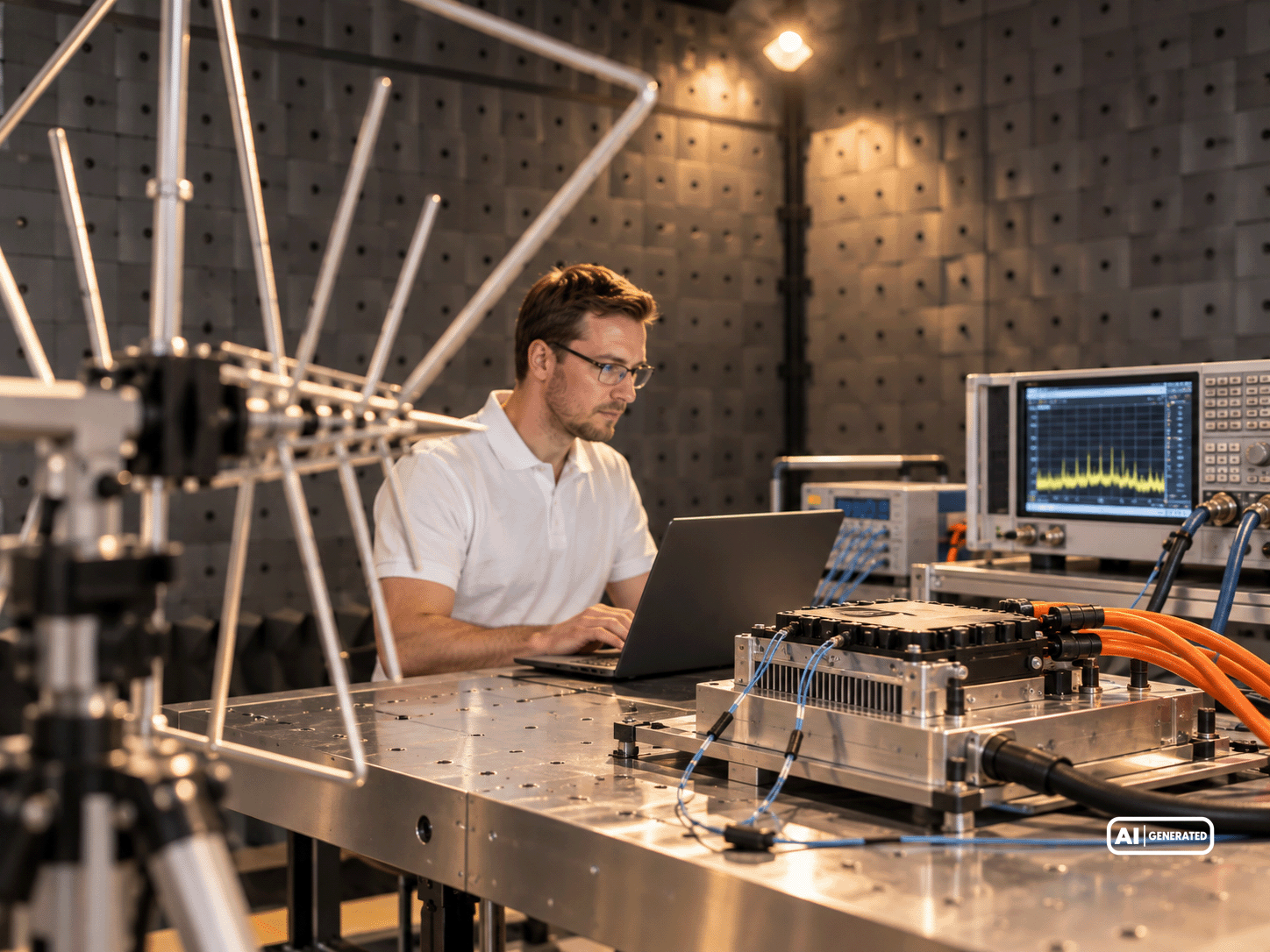 Engineer analyzing measurement data on a laptop inside an EMC test chamber, equipped with an antenna, electronic control unit, and spectrum analyzer.