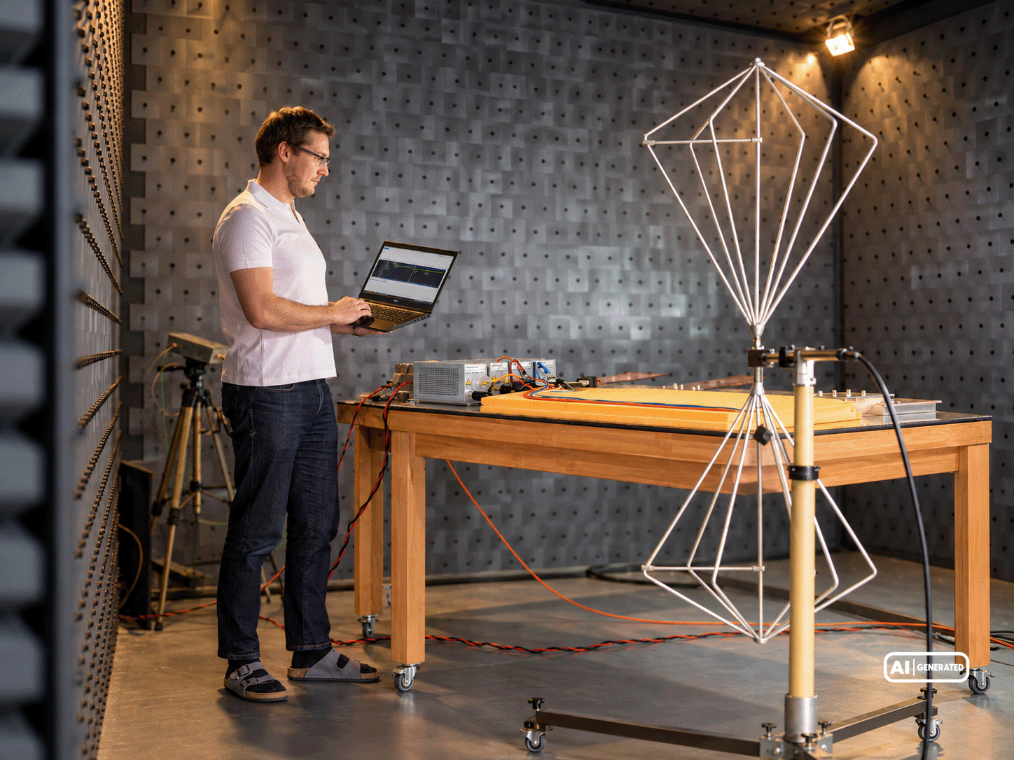 Engineer performing measurements inside an EMC test chamber using a laptop, electronic measurement equipment, and a specialized test antenna.
