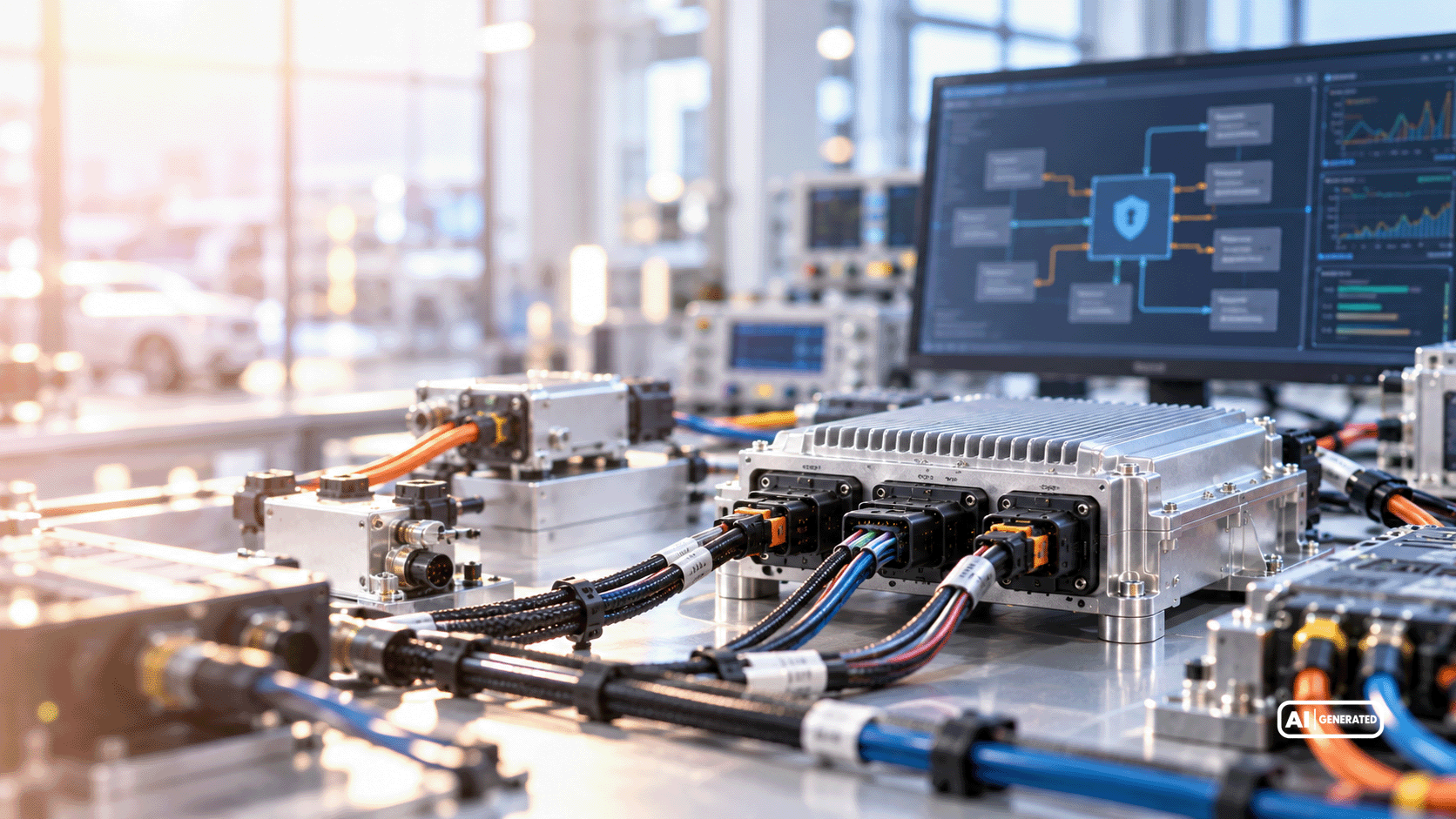 Electronic control unit with cooling fins and cable connections at a laboratory test bench, featuring a graphical representation of a safety architecture.