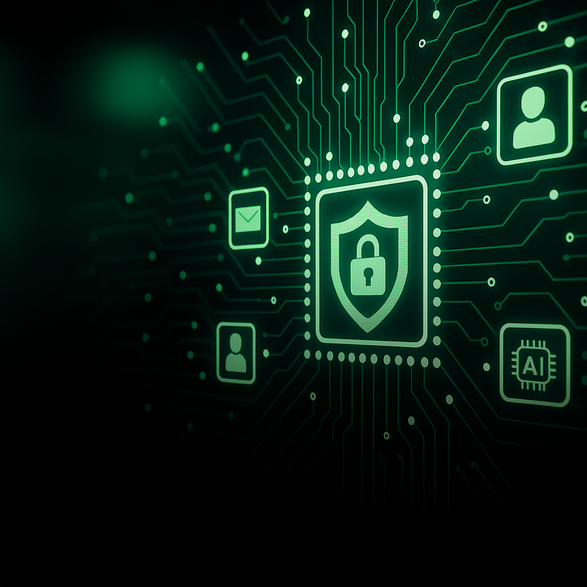 Cybersecurity illustration featuring a protected microchip, interconnected circuit traces, and symbols representing data security and artificial intelligence (AI).