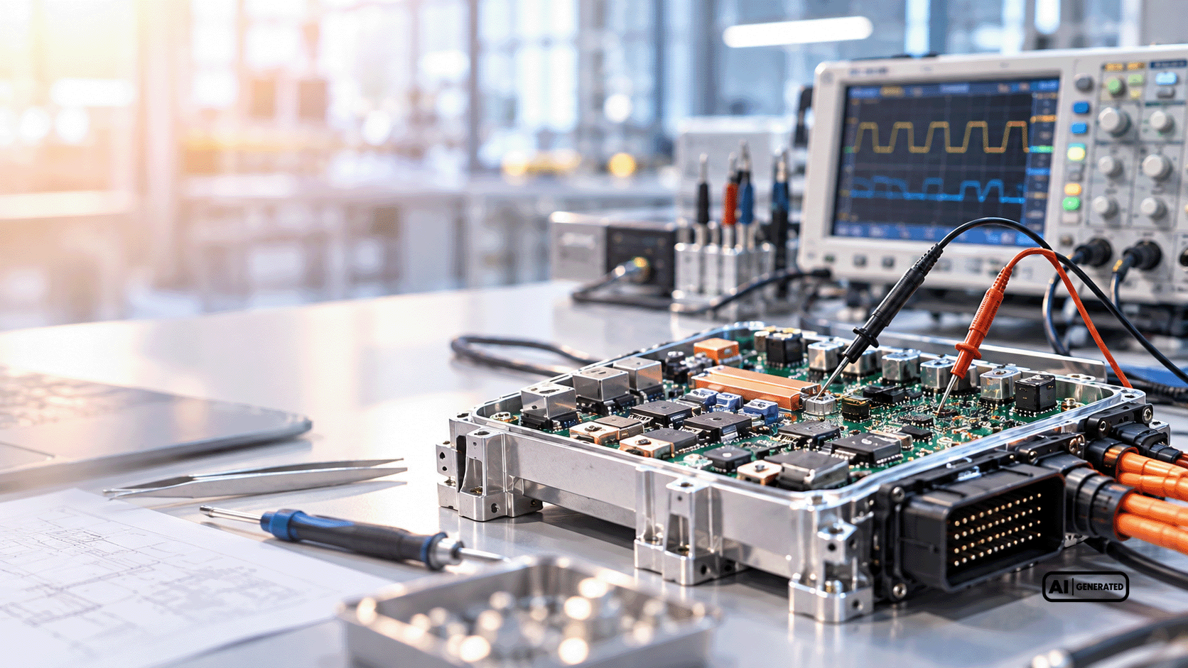 Opened electronic control unit with an assembled printed circuit board (PCB), measurement probes, and a connected oscilloscope for electrical signal analysis.