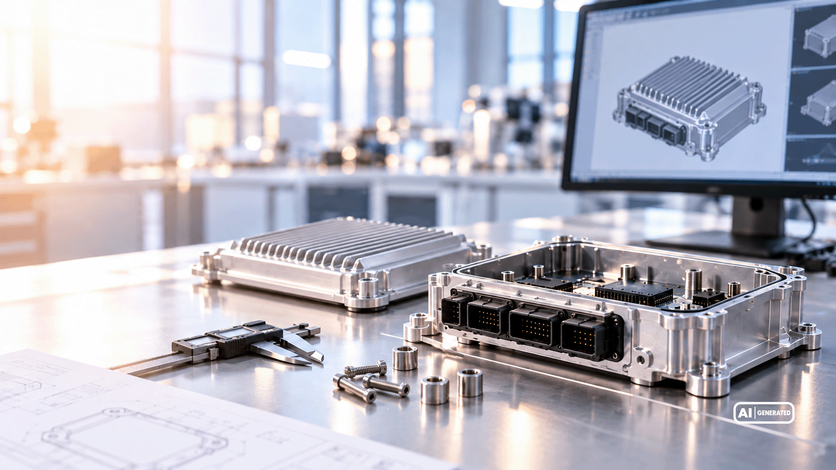Open aluminum housing of an electronic control unit with connectors and cooling fins, alongside a CAD design displayed on a screen.