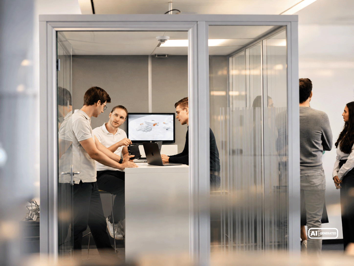 Three Silver Atena employees discussing a technical assembly using a CAD model in a meeting room.