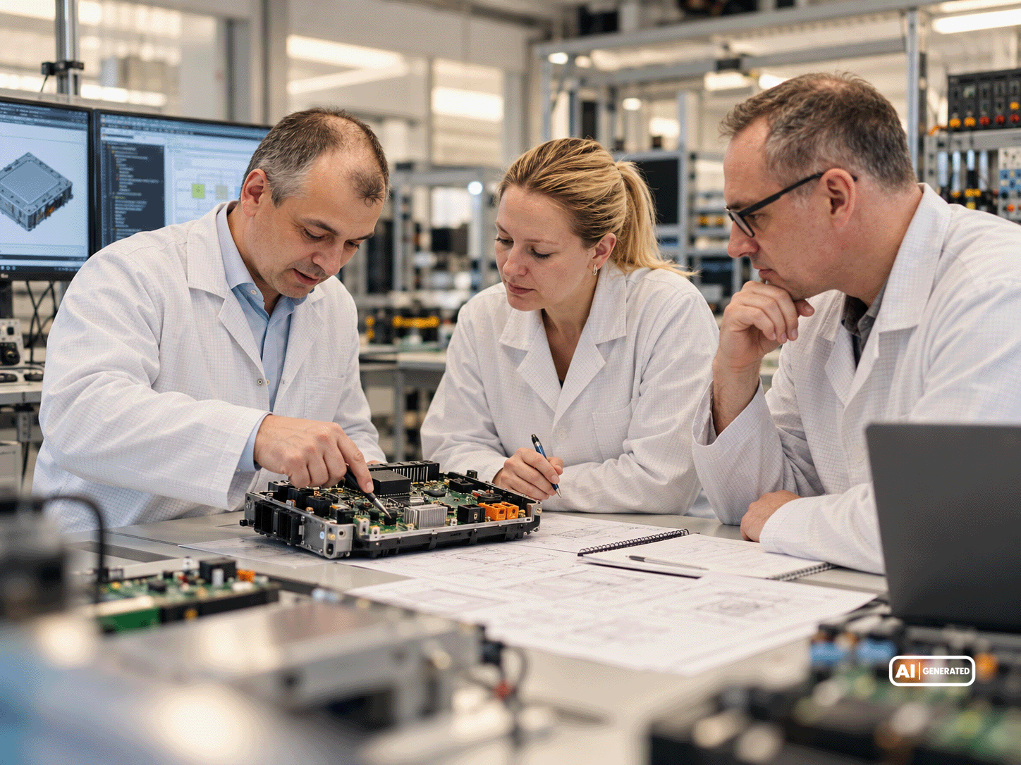 Three engineers analyzing an open electronic control unit assembly using technical drawings in the development laboratory.
