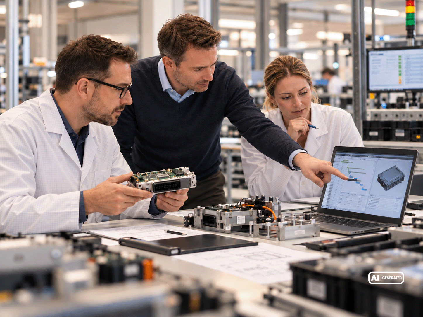 Three Silver Atena employees discussing an electronic control unit and a project plan displayed on a laptop in the development laboratory.