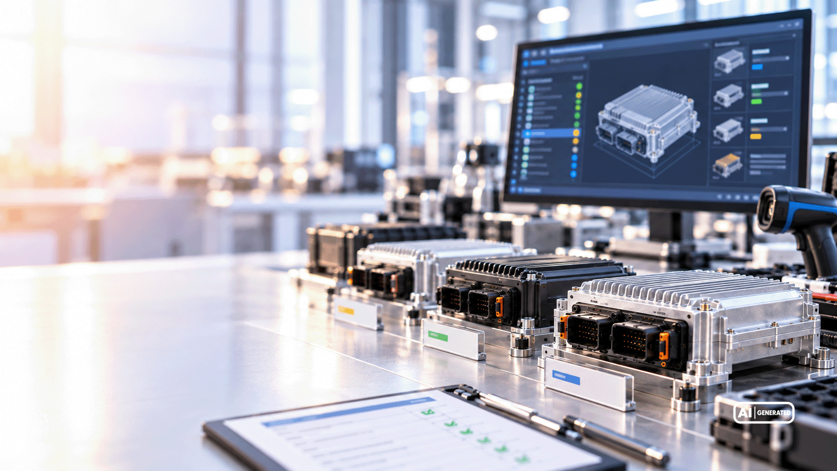 Electronic control units in various designs with cooling fins and connectors, alongside a digital inspection report for quality control.