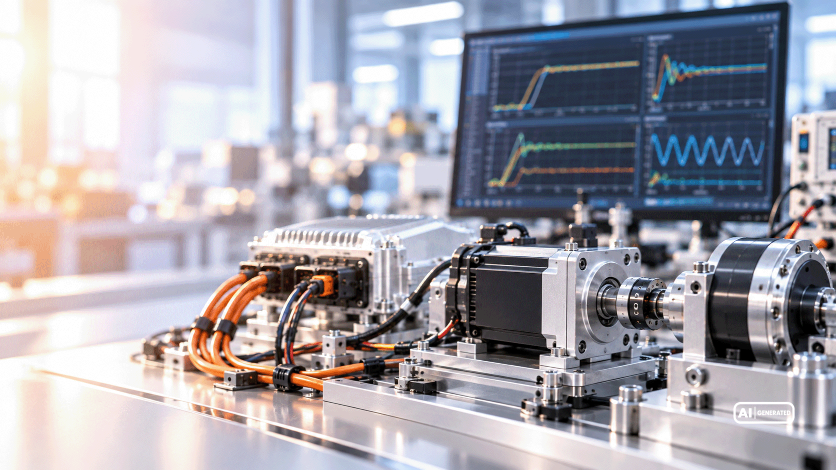 Electronic control unit connected to an electric motor on a test bench, with graphical representations of control and signal waveforms.