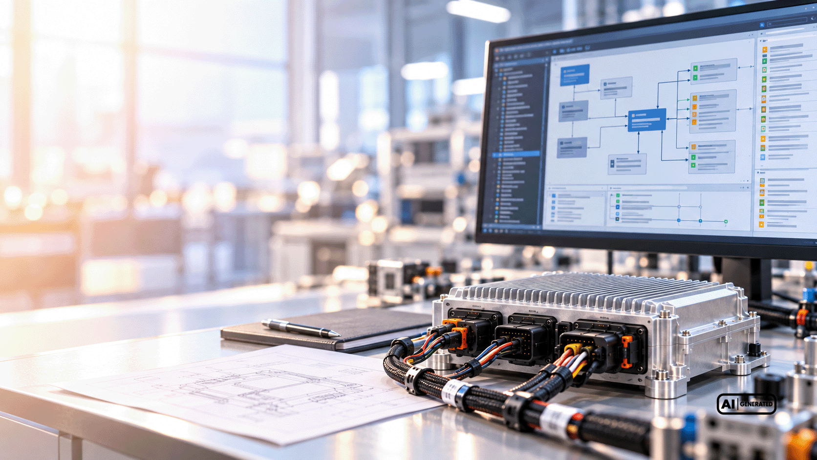 Electronic control unit with cable connections alongside a technical drawing and a digital requirements diagram for system development.