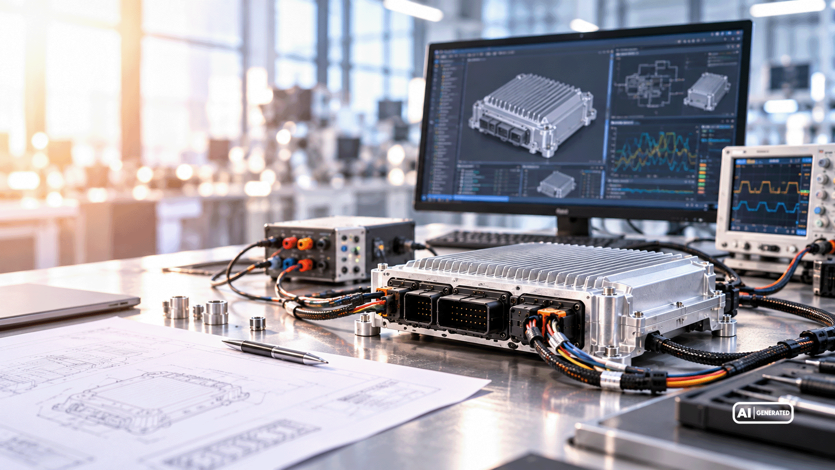 Electronic control unit with aluminum housing, cooling fins, and cable connections alongside a CAD design and electrical measurement diagrams.