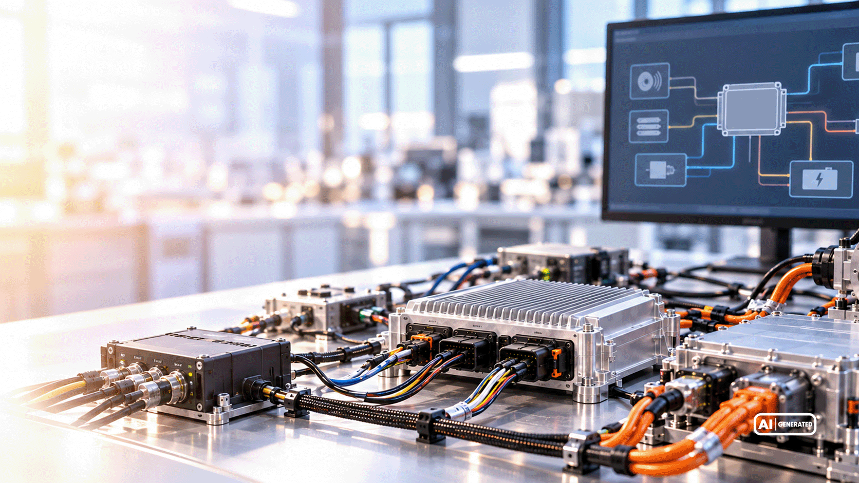 Electronic control unit with cooling fins and cable connections on a laboratory test bench, alongside a digital representation of the system architecture.