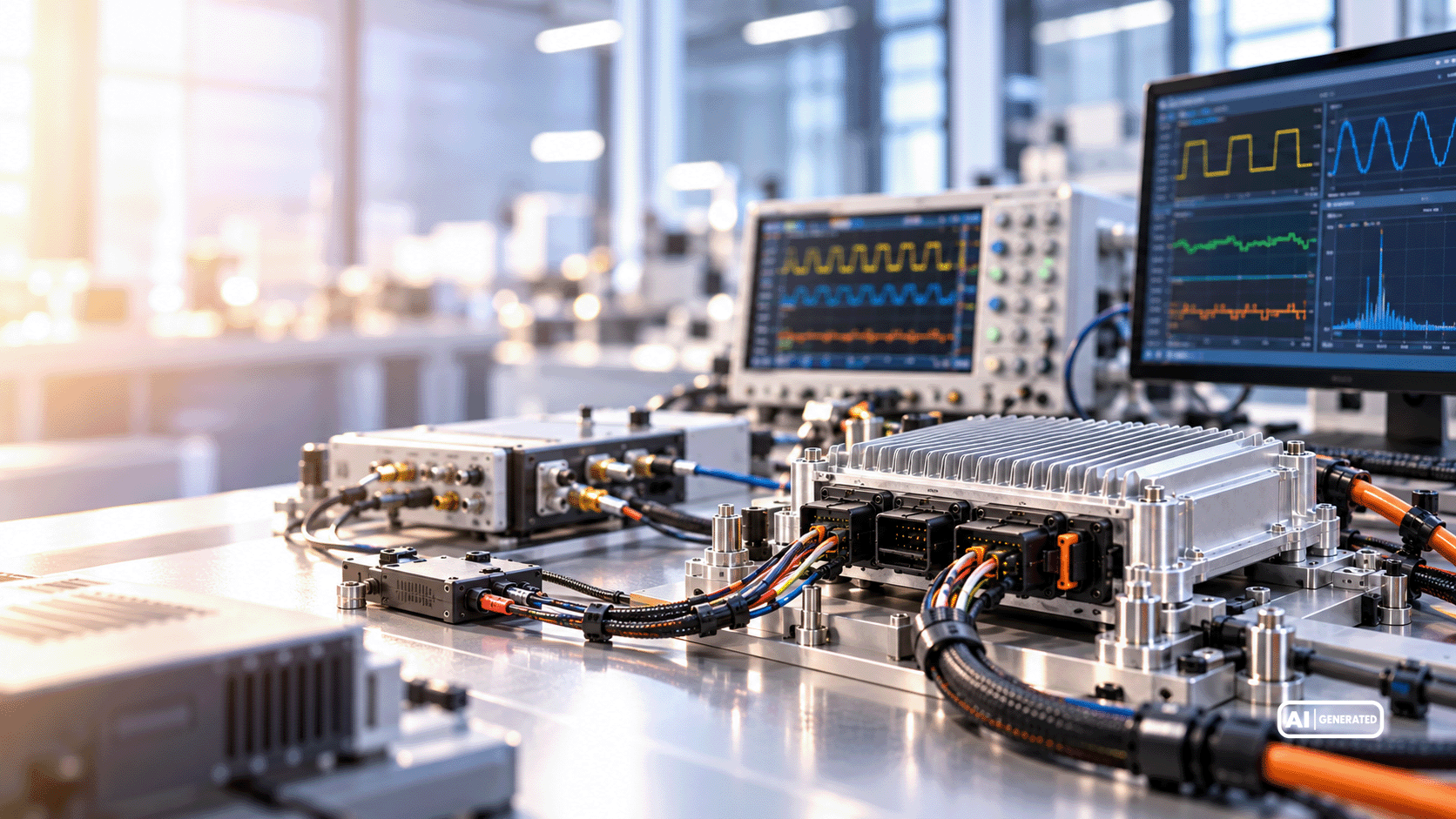 Electronic control unit with cooling fins and cable connections on a test bench, alongside an oscilloscope and digital signal waveforms for validation.