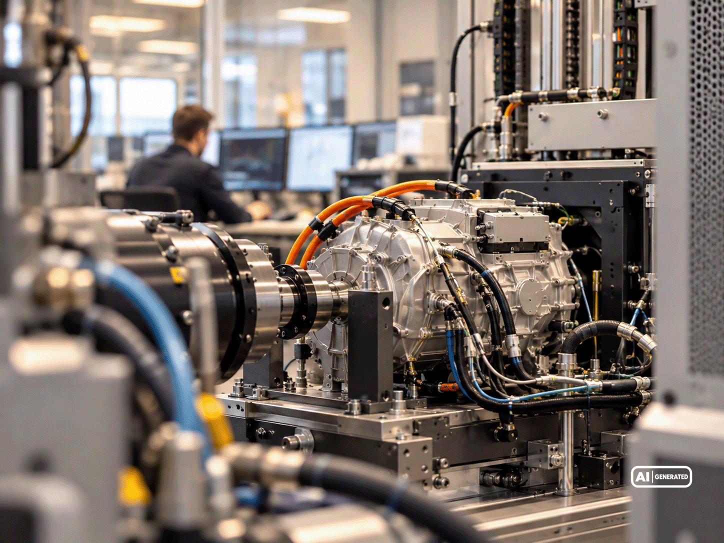Electric drive test bench with connected power electronics, mechanical coupling, and extensive measurement equipment.