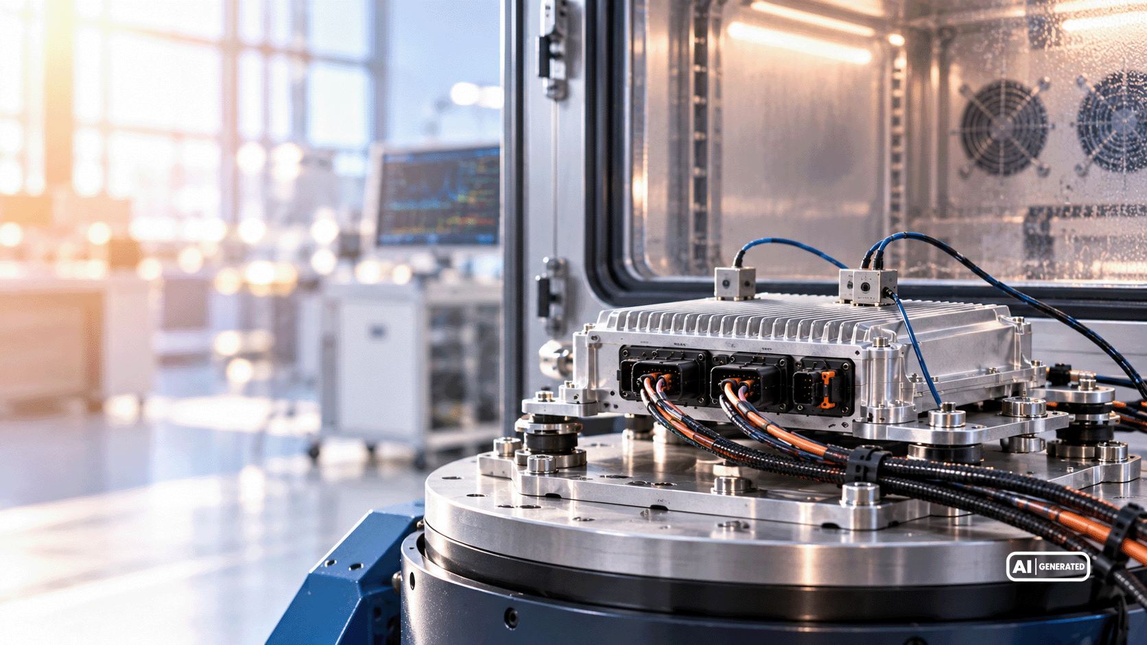 Electronic control unit on a test setup in front of a climate chamber for testing under controlled environmental conditions.