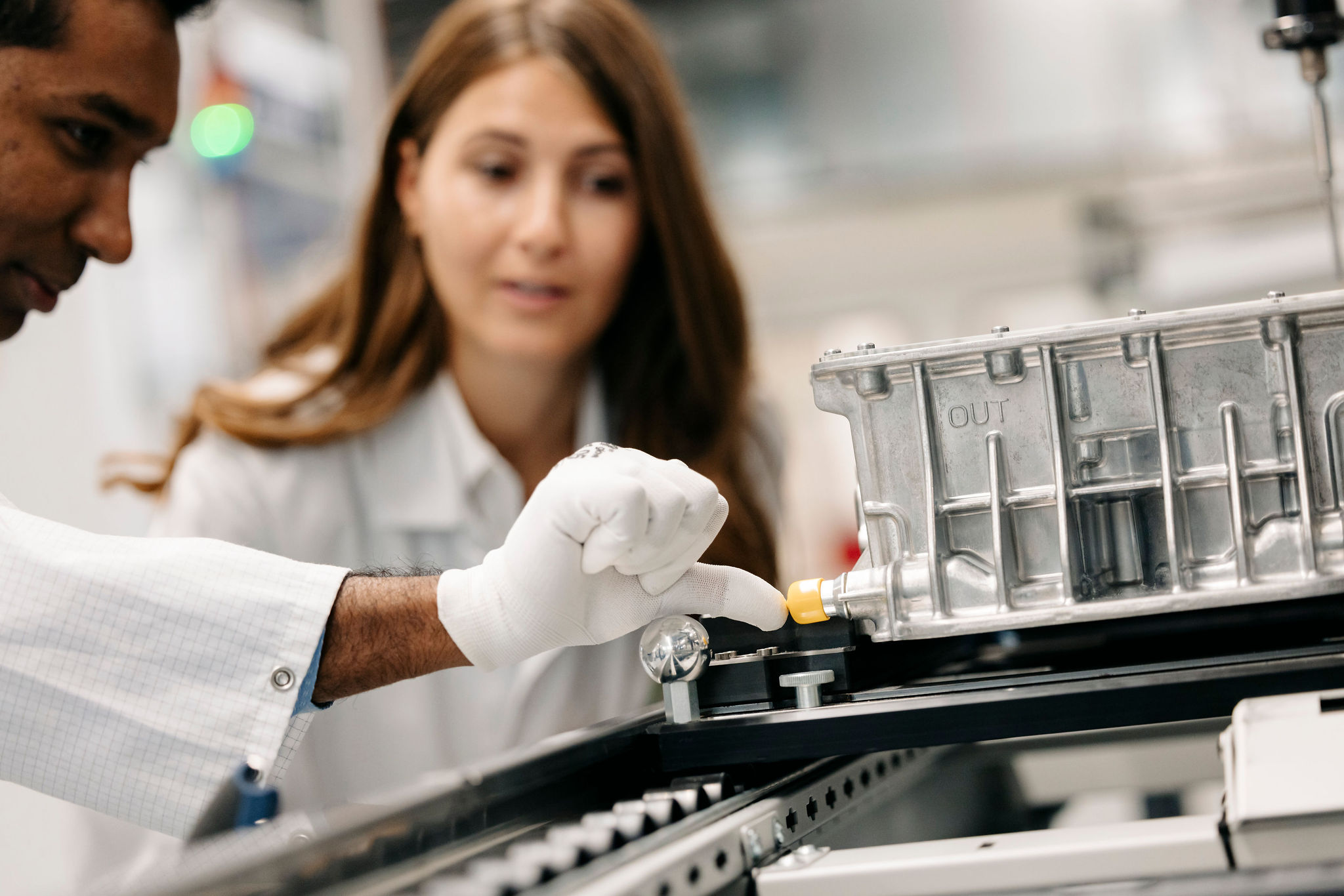Close-up of an electronic assembly during preparation for a mechanical test.