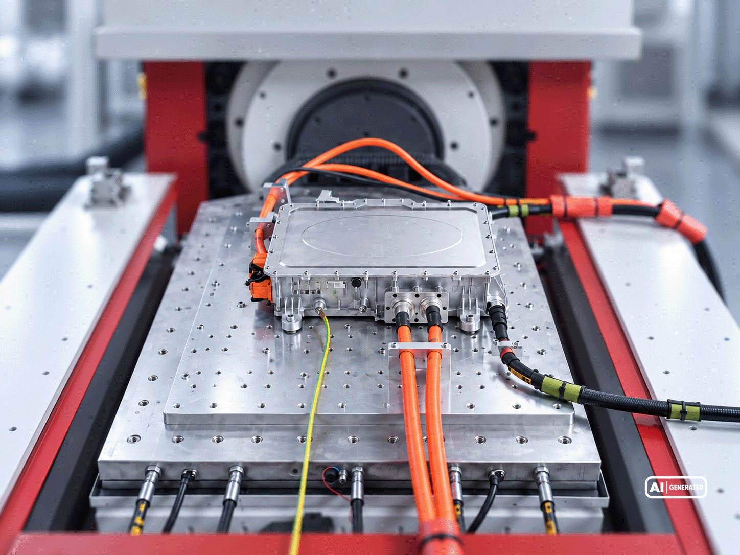 Electronic control unit with high-voltage connections on a mechanical test bench for evaluating resistance to vibration and shock.