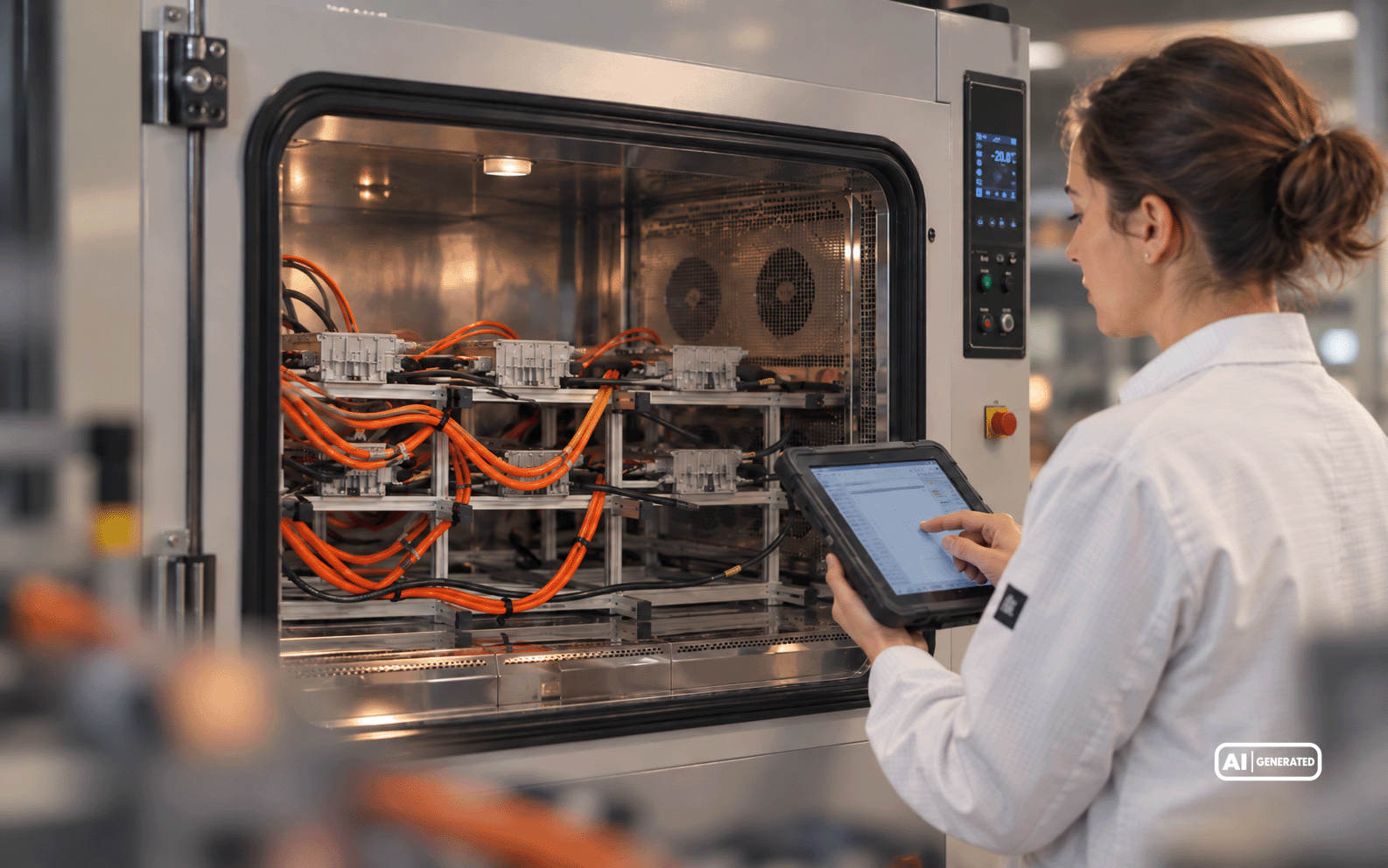 Silver Atena employee monitoring the testing of multiple electronic assemblies in a climate chamber using a tablet.