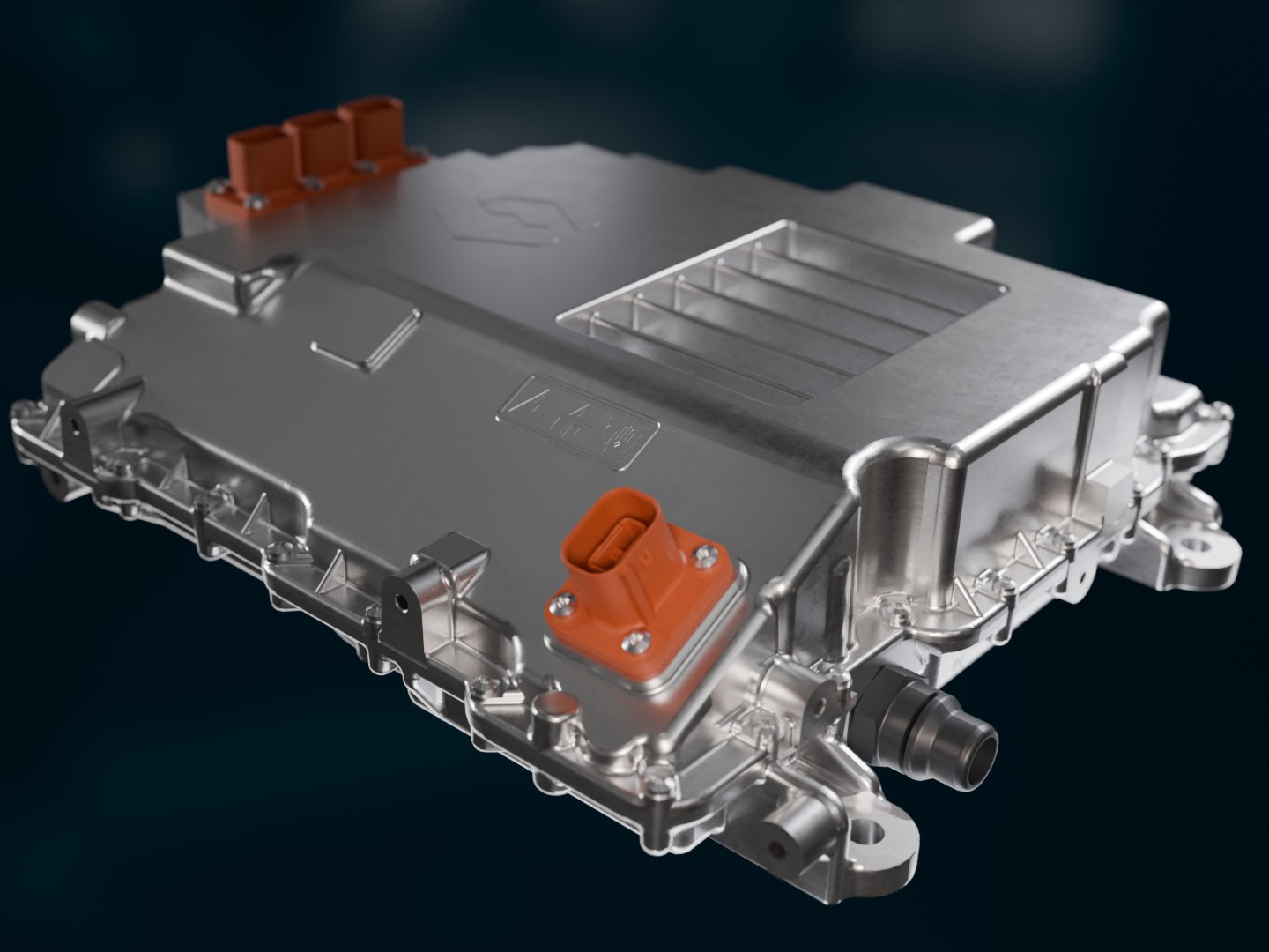 Metal housing of a high-voltage traction inverter with electrical connectors.
