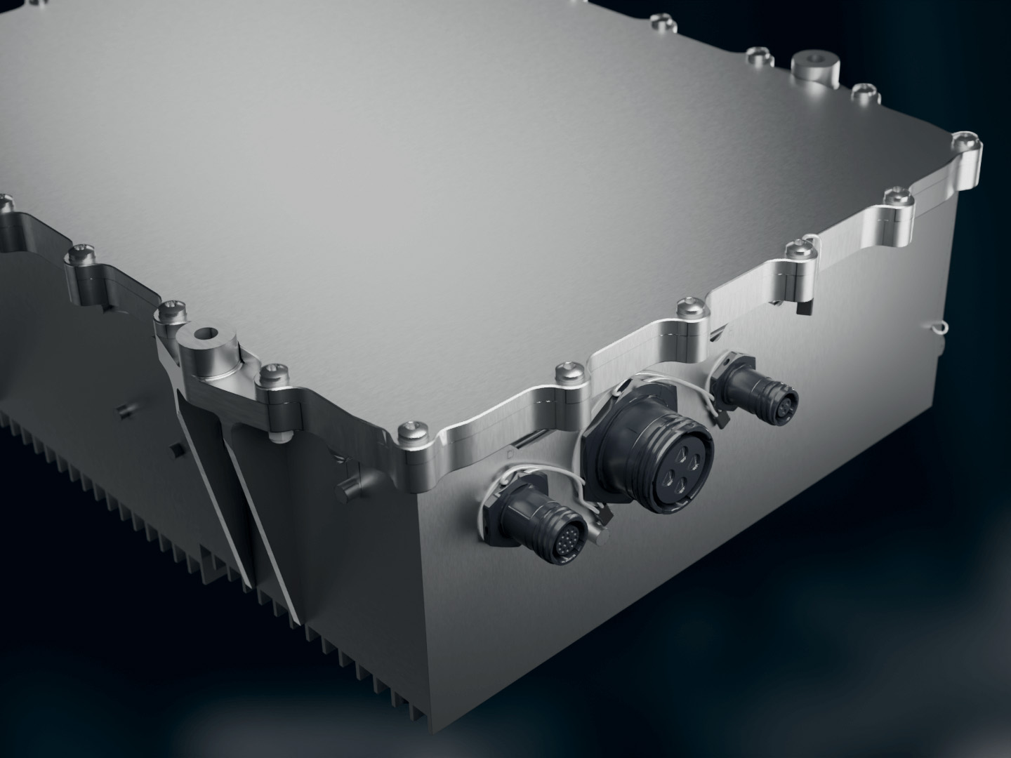 Close-up of Silver Atena flap actuation control unit with aerospace connectors in aluminum housing.