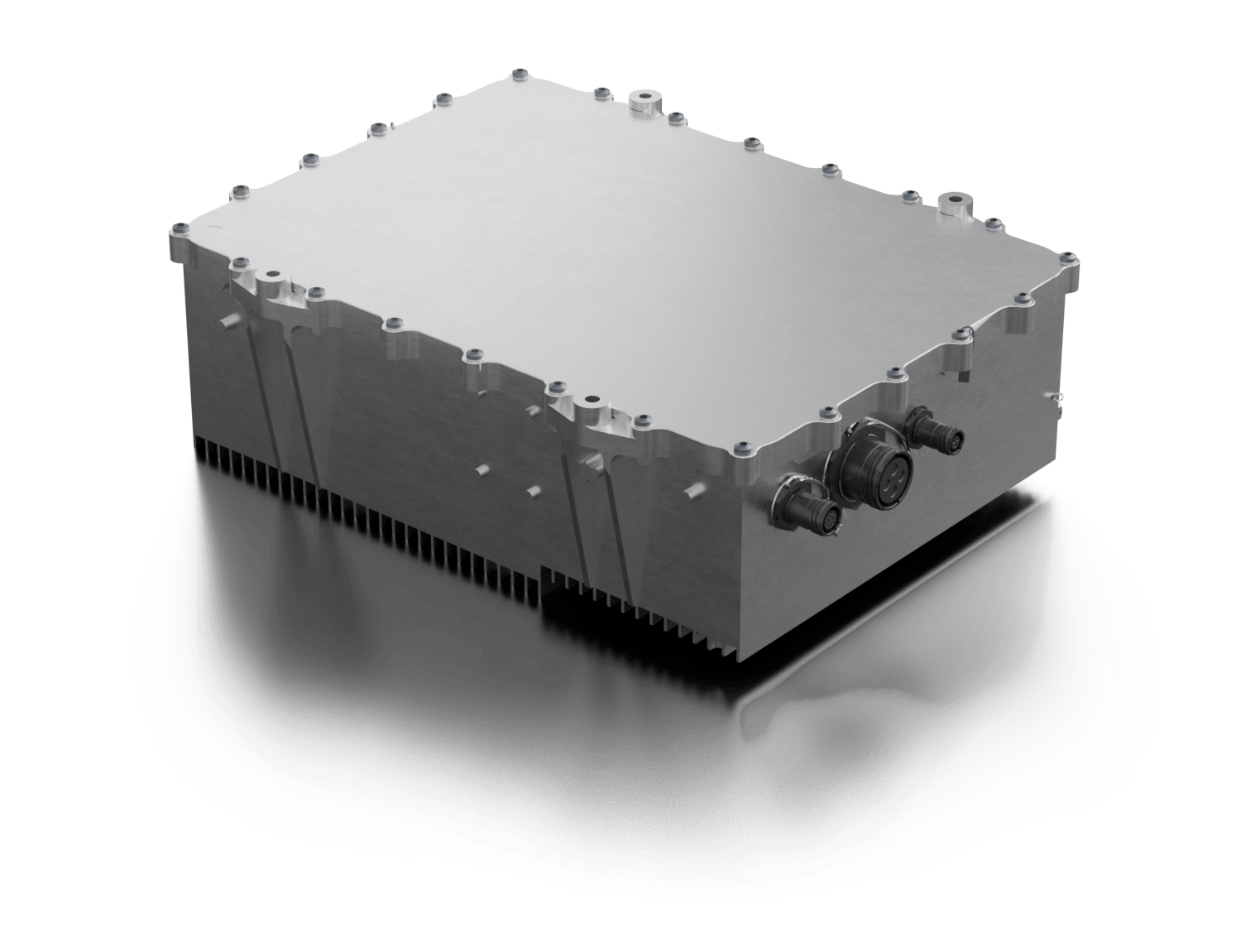 Silver Atena flap actuation control unit in aluminum housing for flight control and actuator systems.