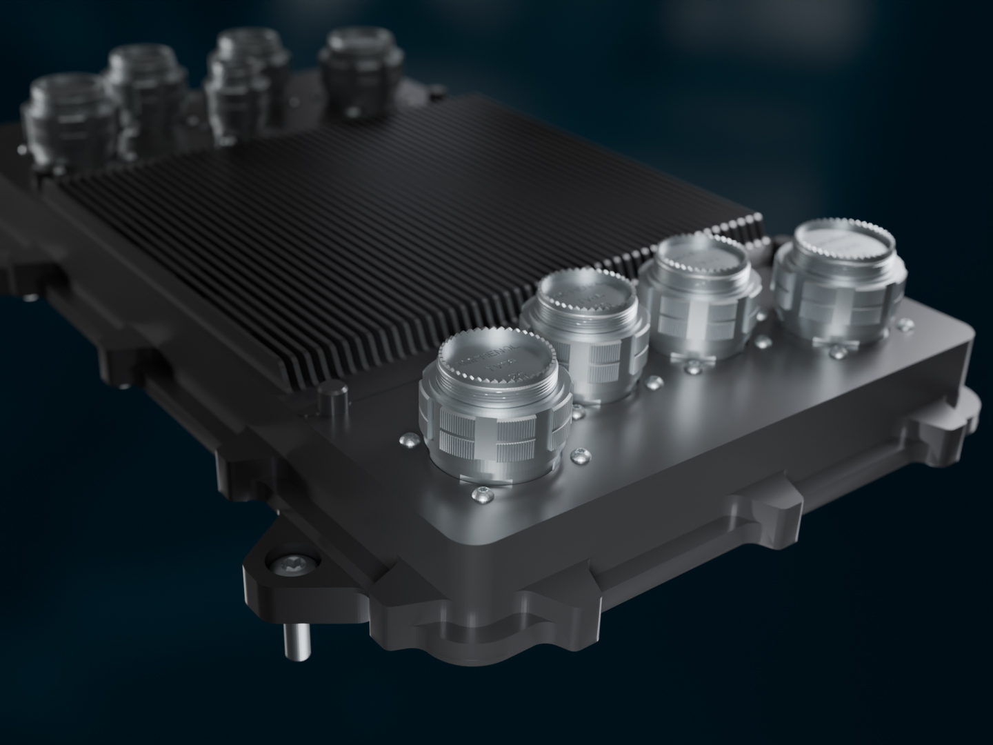 Close-up of a Silver Atena FADEC engine controller with aerospace connectors in a rugged housing.