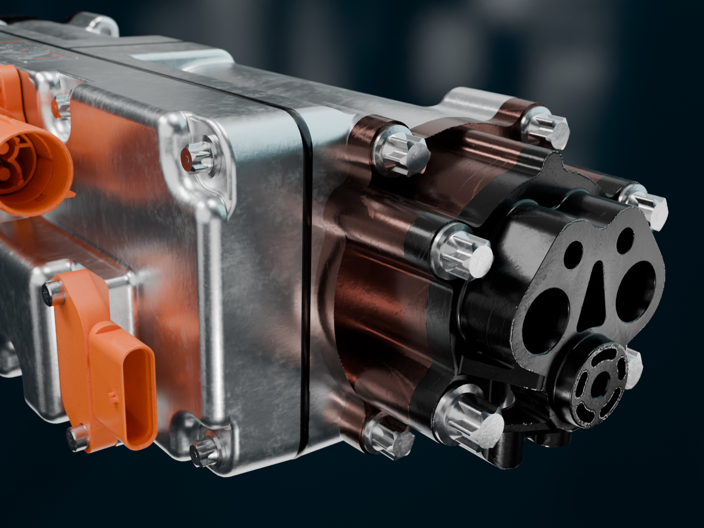 Close-up of a Silver Atena motor-pump unit for active suspension systems.