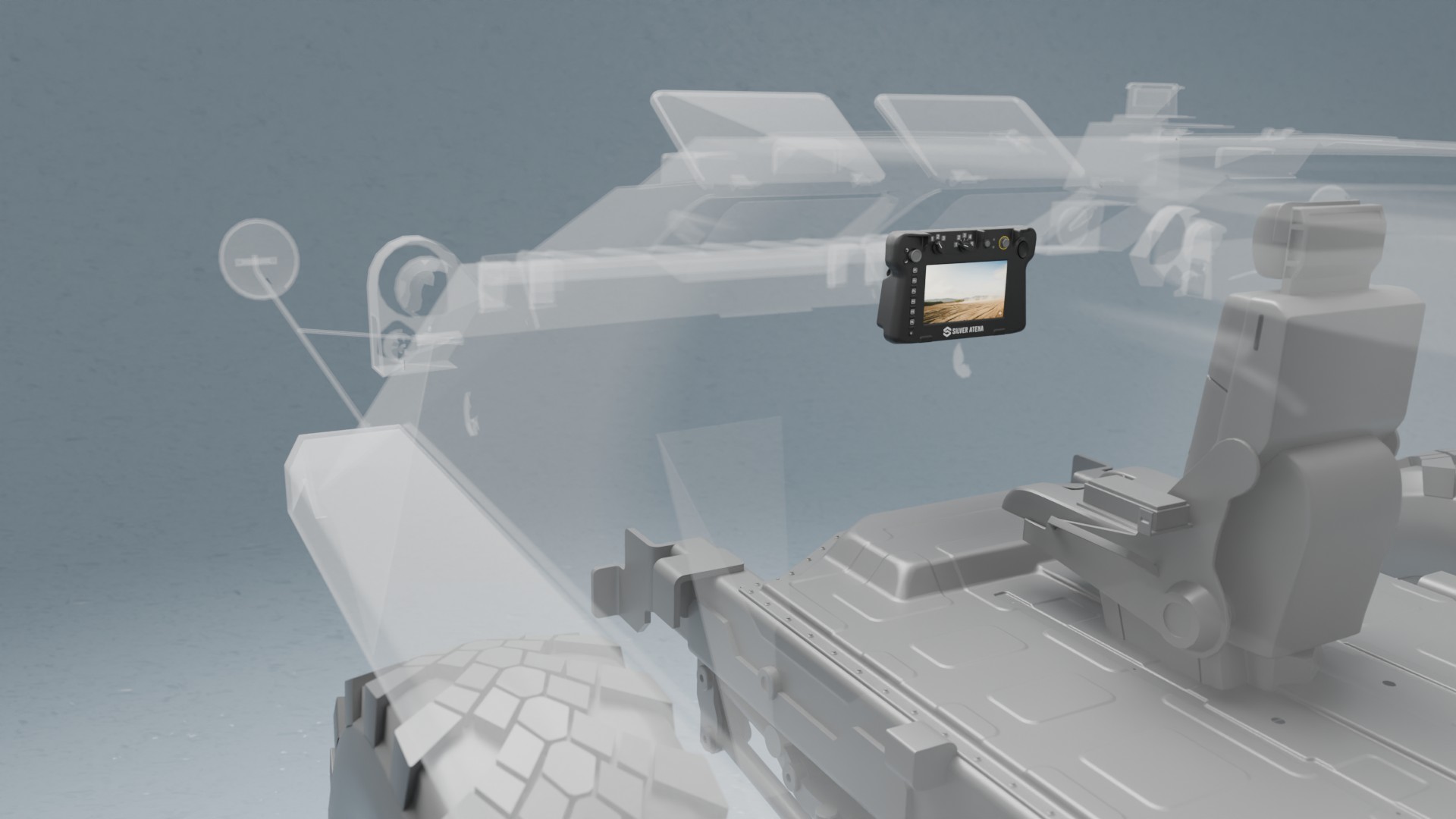 Bedien- und Anzeigegerät (BAG) von Silver Atena integriert im militärischen Fahrzeugcockpit.