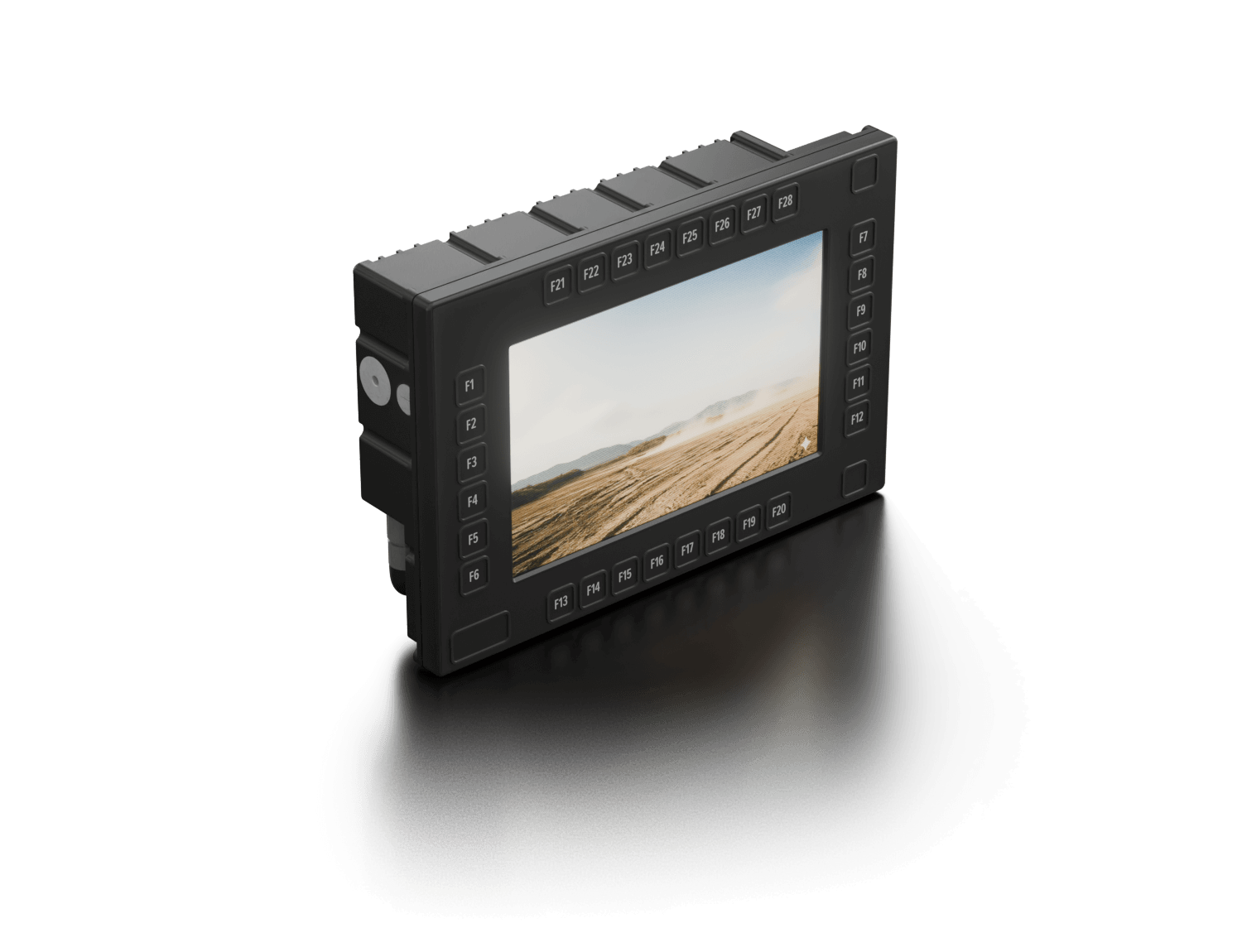 Control and display unit with large screen and function keys for defence applications.