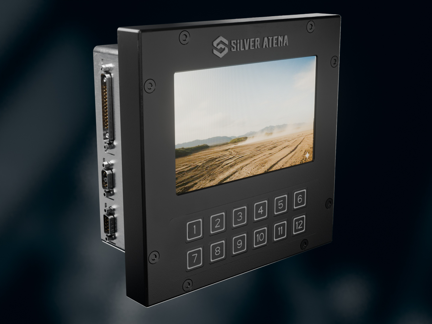 Close-up of a compact control and display unit for defence with screen and keypad.