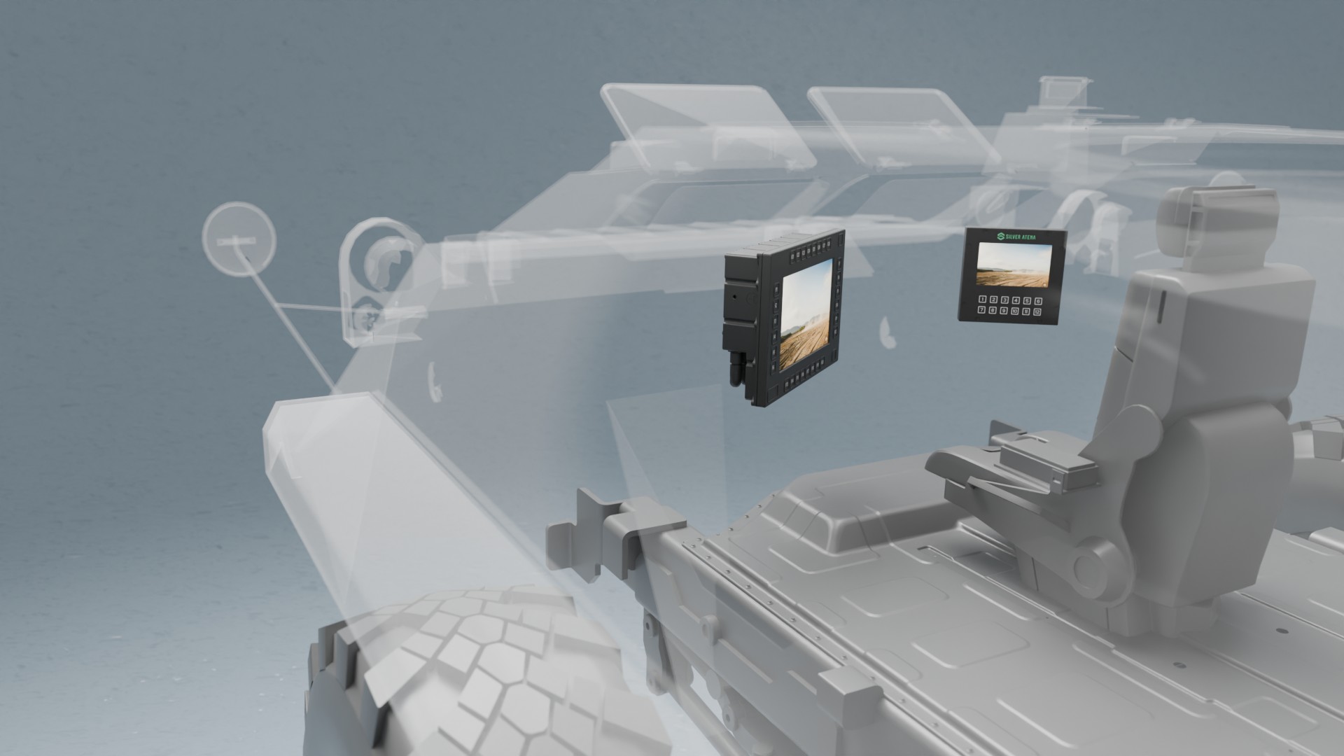 Robustes 7- und 12-Zoll-Fahrzeugdisplay integriert in militärisches Einsatzfahrzeug.