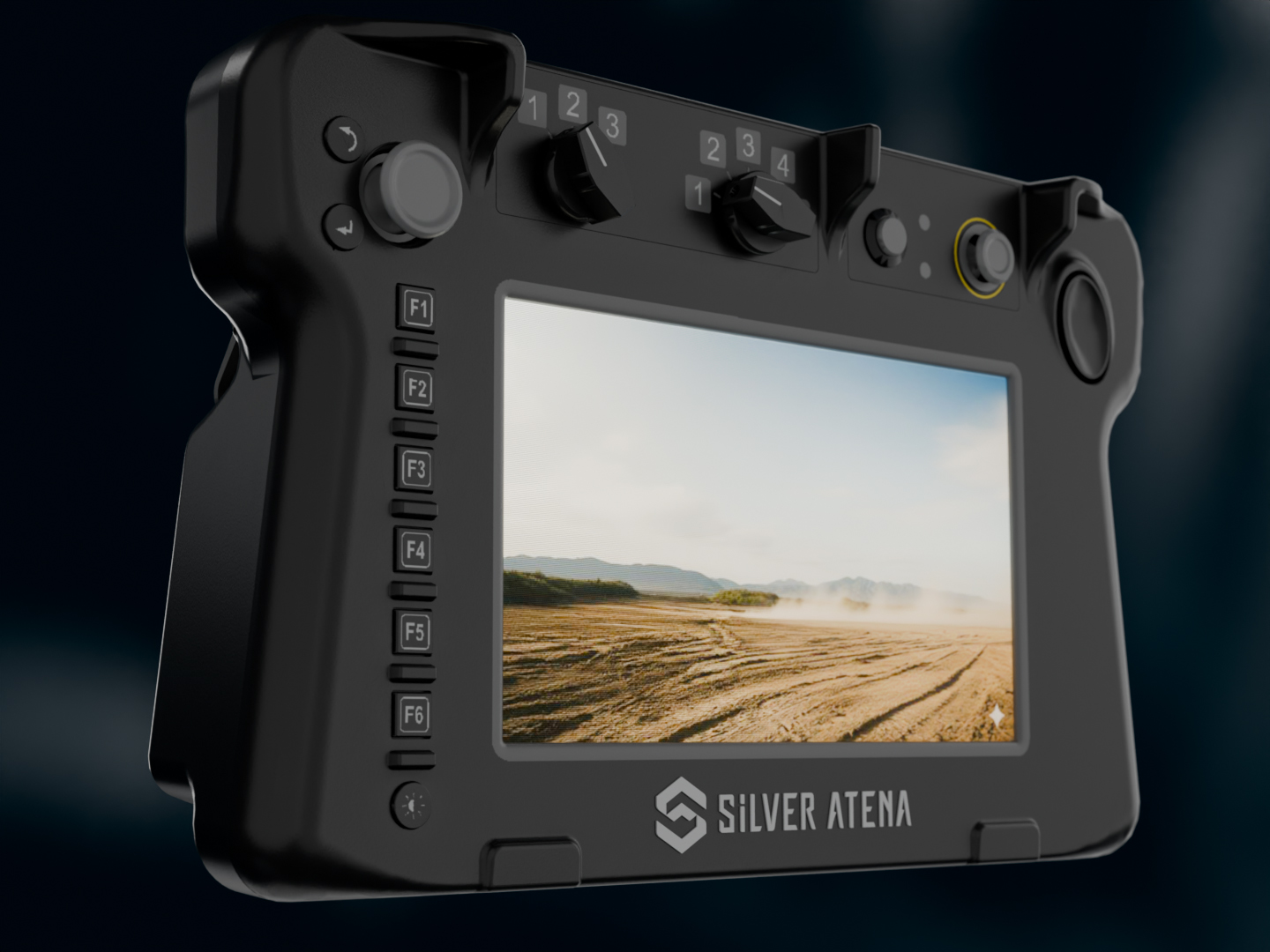 Close-up of a mobile defence control unit with display and integrated controls.